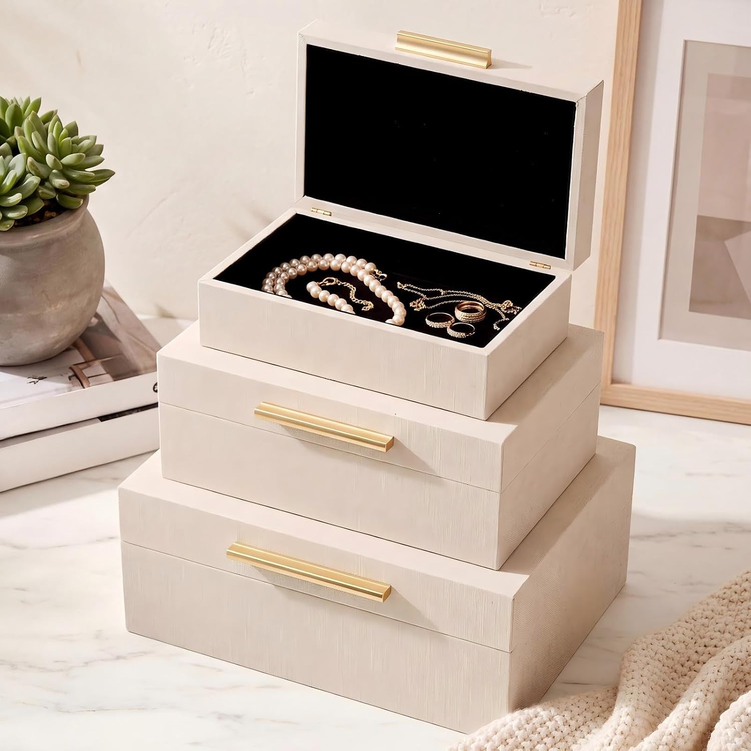 Novabright Decorative Storage Boxes with Lids – Set of 3 Natural Linen Organizer Bins for Your Bookshelf Home Decor - Safely Store Photos, Documents and Memory Box Keepsakes in Style (Beige)