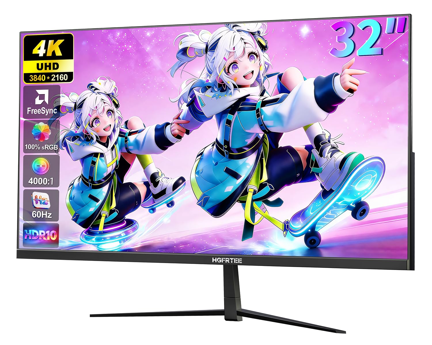 32 Zoll Monitor 4K, (3840 * 2160) UHD PC Gaming Monitor, VA-Panel, 60 Hz, 4000:1, 100% sRGB, FreeSync, HDR, HDMI/DP, Wandmontage 100×100 mm, für Büro, Design & Gaming