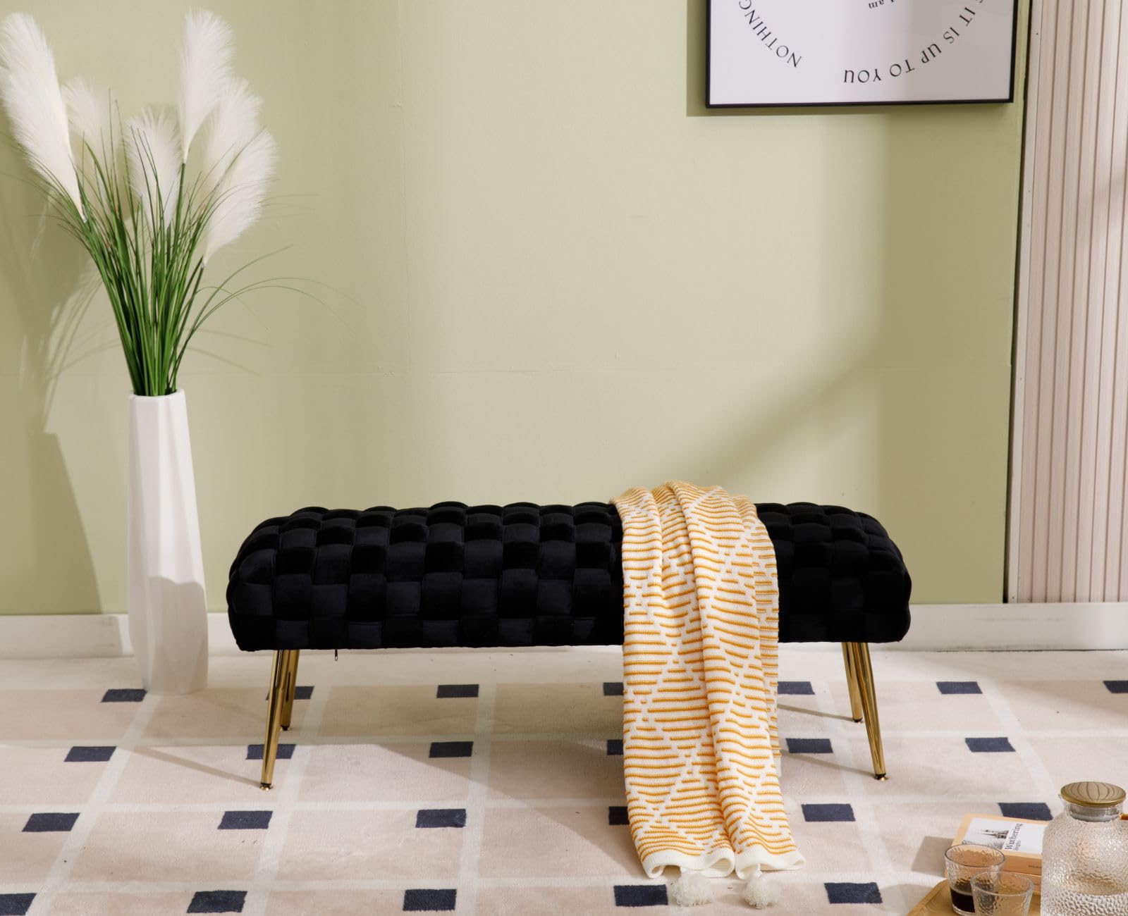 Wahson Banco Asiento de Cama de Terciopelo Banco Entrada de Recibidor con Patas Doradas,Banco Otomano Pie de Cama Moderno Banco Vestidor Elegante para Dormitorio/Salón,Negro