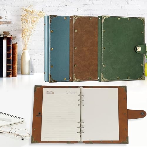 Miniatura 9 de Cuaderno A5 de cuero forrado con 12 marcadores, 6 anillas, planificador A5, cuaderno recargable, bloc de notas, diarios de escritura para niñas,