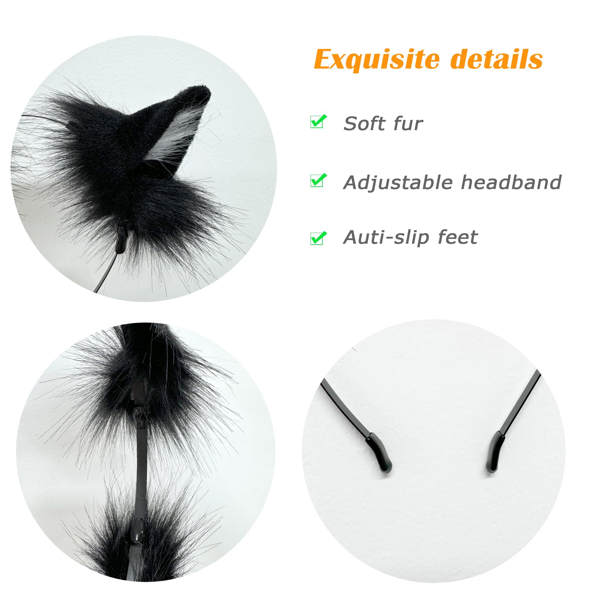 ZFKJERS Handmade Fur Fox Wolf Cat Ears Headwear Fancy Dress Cosplay Animal Furry Ears Head Accessories for Halloween (Black) - Image 3