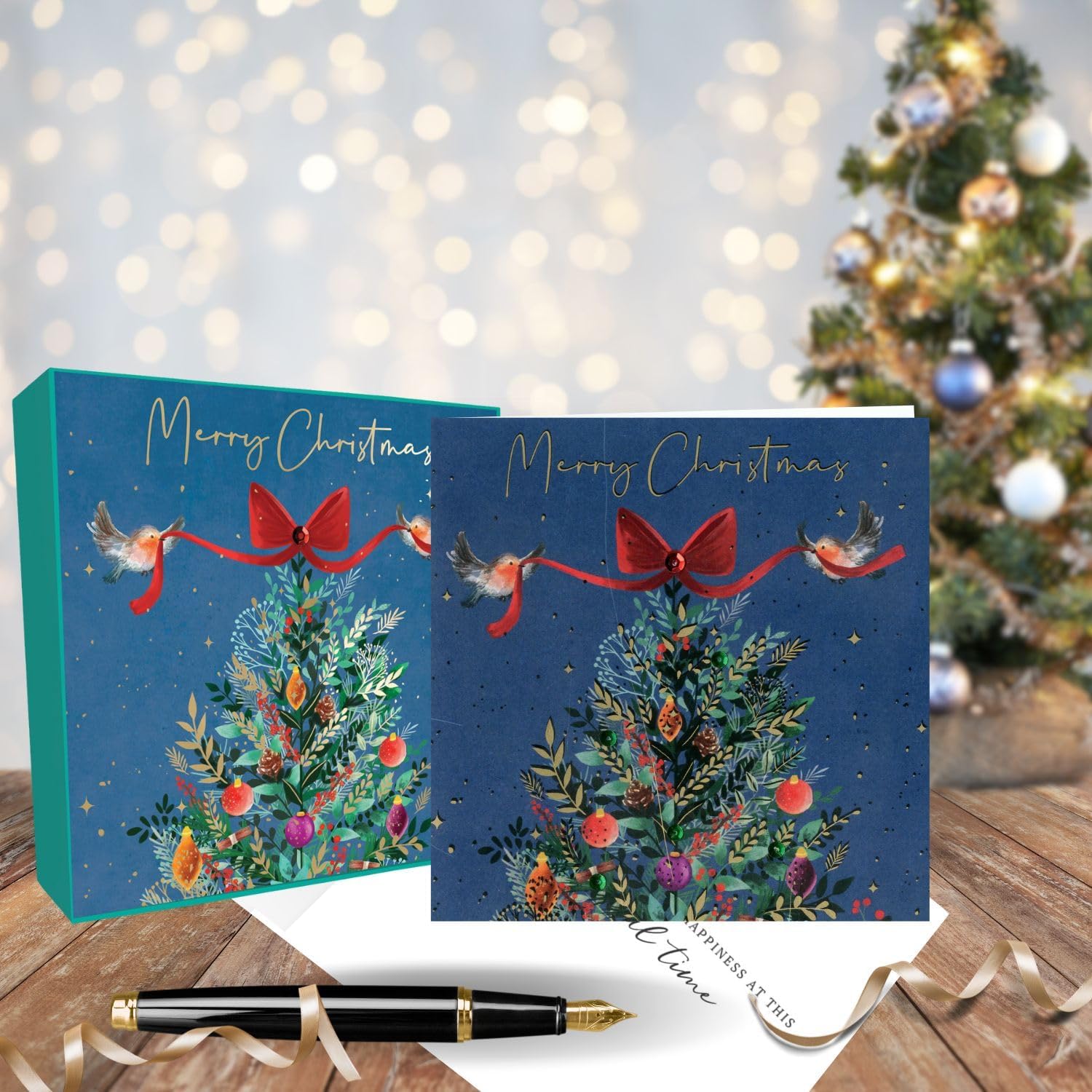 Box of 6 Sparkle Xmas Tree & Robins Embellished Christmas Cards Xmas Card Boxes XLSB096