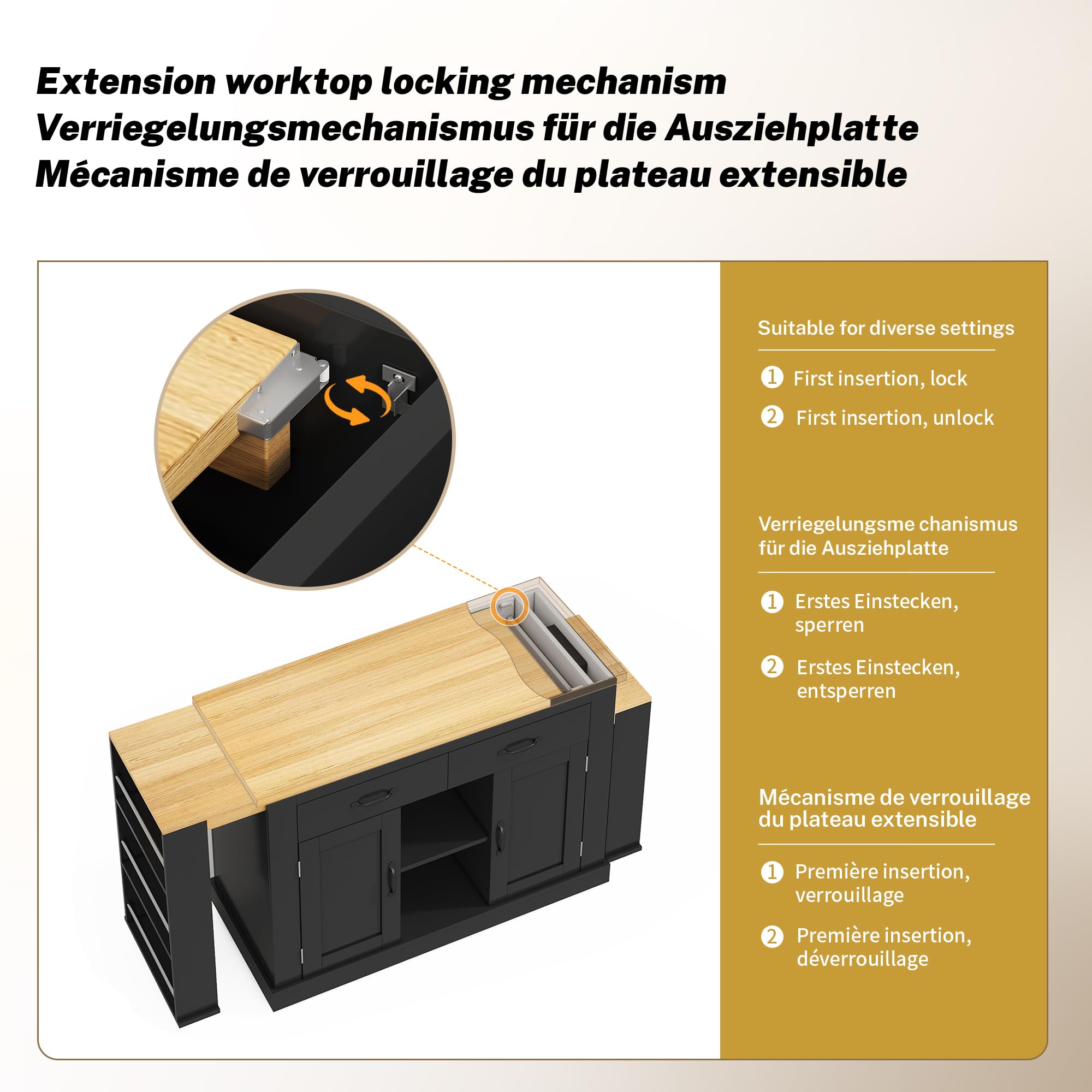Isla de cocina móvil extensible negra 142-340 cm – Cocina independiente con encimera, enchufes y 2 mesas, mucho espacio de almacenamiento para familias grandes y loft