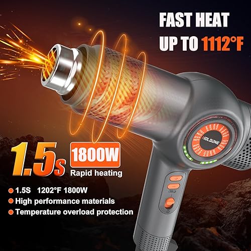 Miniatura 4 de Heat Gun Fast Heating 1800W 122℉-1202℉ LED 3-color light to display temperature Shrink wrap heat gun with 4 Nozzles for Soften,Car film,Drying
