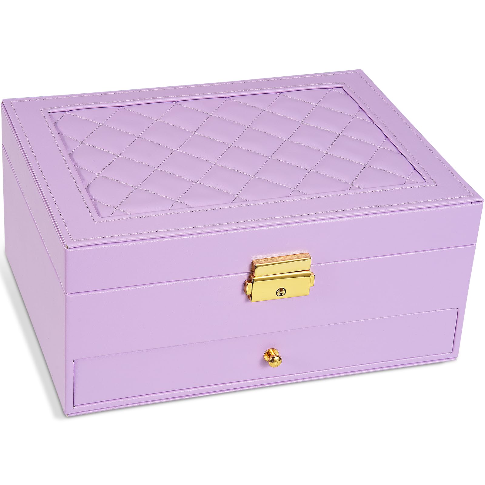 Unimoly 2-Layer Jewelry Box for Women Girls, Jewelry Organizers and Storage with Removable Jewelry Tray, Vintage Quilted Top Lockable Jewelry Holder Gift Idea Light Purple
