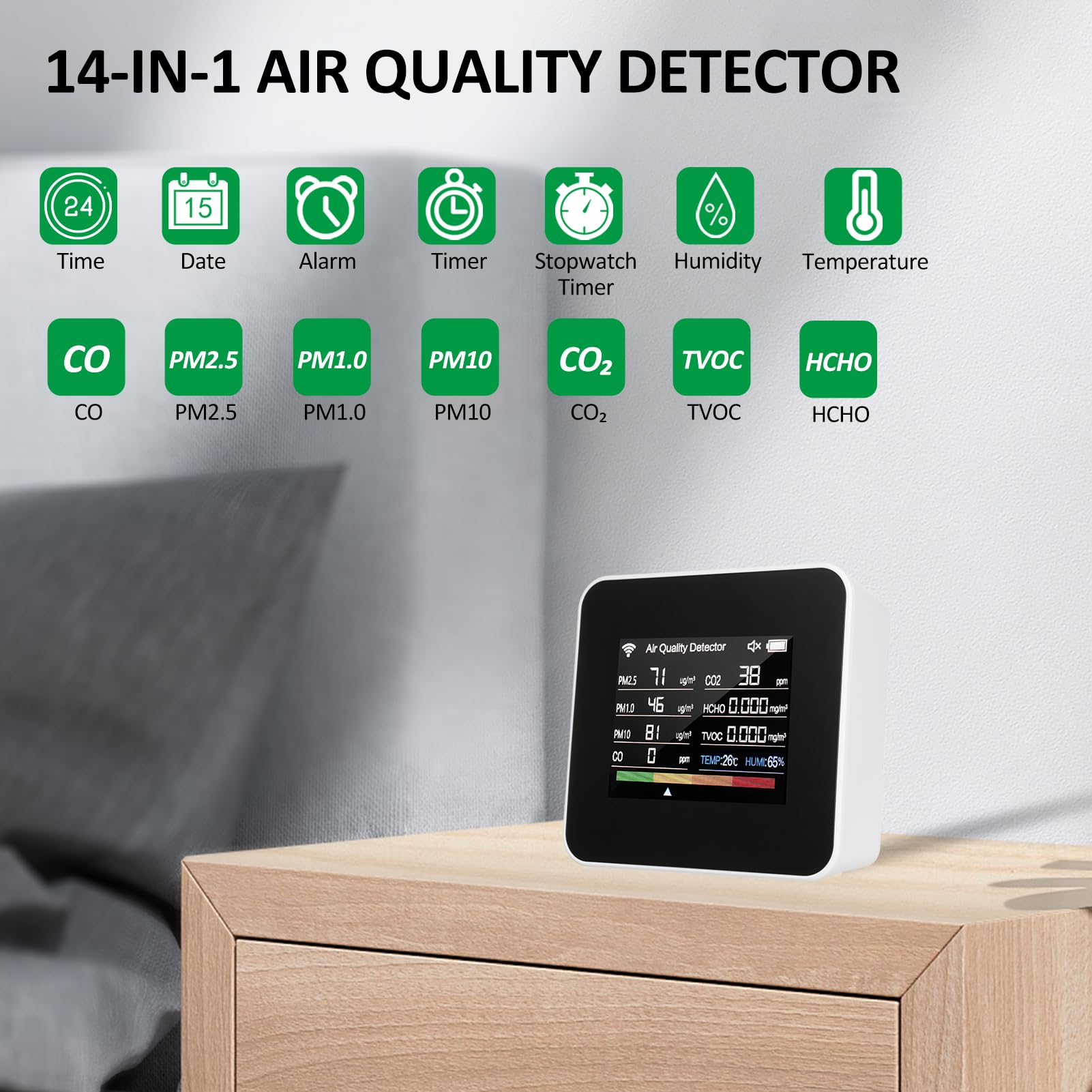 Irfora Monitor jakości powietrza w pomieszczeniu 14 w 1, WiFi, wykrywa temperaturę CO₂ CO TVOC HCHO temperaturę i wilgotność powietrza PM2,5 PM1,0 PM10 2,8-calowy kolorowy wyświetlacz TFT
