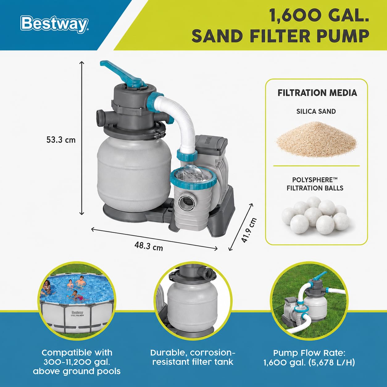 Bestway Pompa di Filtraggio a Sabbia Flowclear 58497, Portata 5.678 L/H per Piscine Fuori Terra