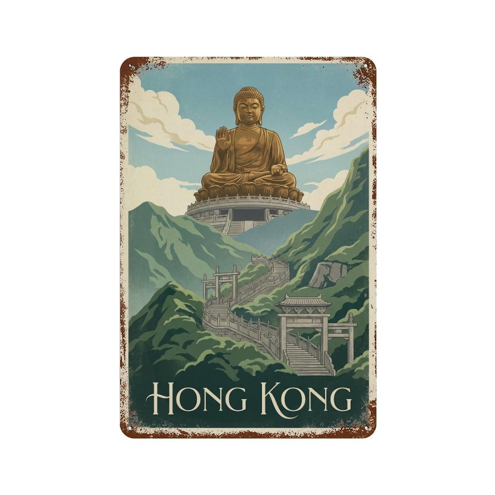 Metal Tin Sign Vintage Travel Hong Kong Buddha
