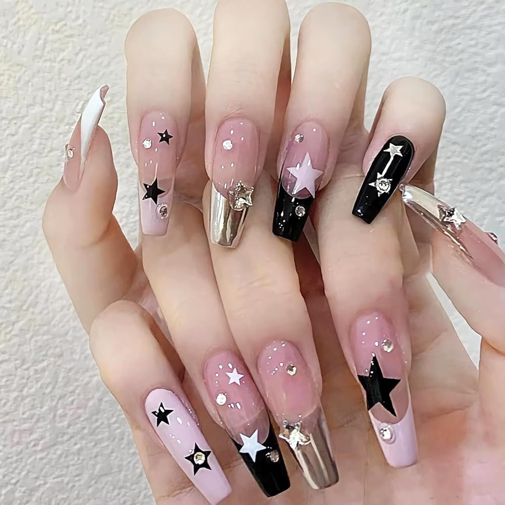 BABALAL Coffin Press on Nails Long Fake Nails Pink Black French Tip Glue on Nails Metallic 3d Star Charm Rhinestone Acrylic Nails 24Pcs Ballerina Manicure Y2K Artificial False Nails