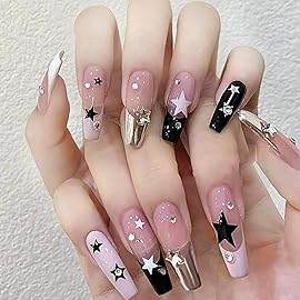 BABALAL Coffin Press on Nails Long Fake Nails Pink Black French Tip Glue on Nails Metallic 3d Star Charm Rhinestone Acrylic Nails 24Pcs Ballerina Manicure Y2K Artificial False Nails