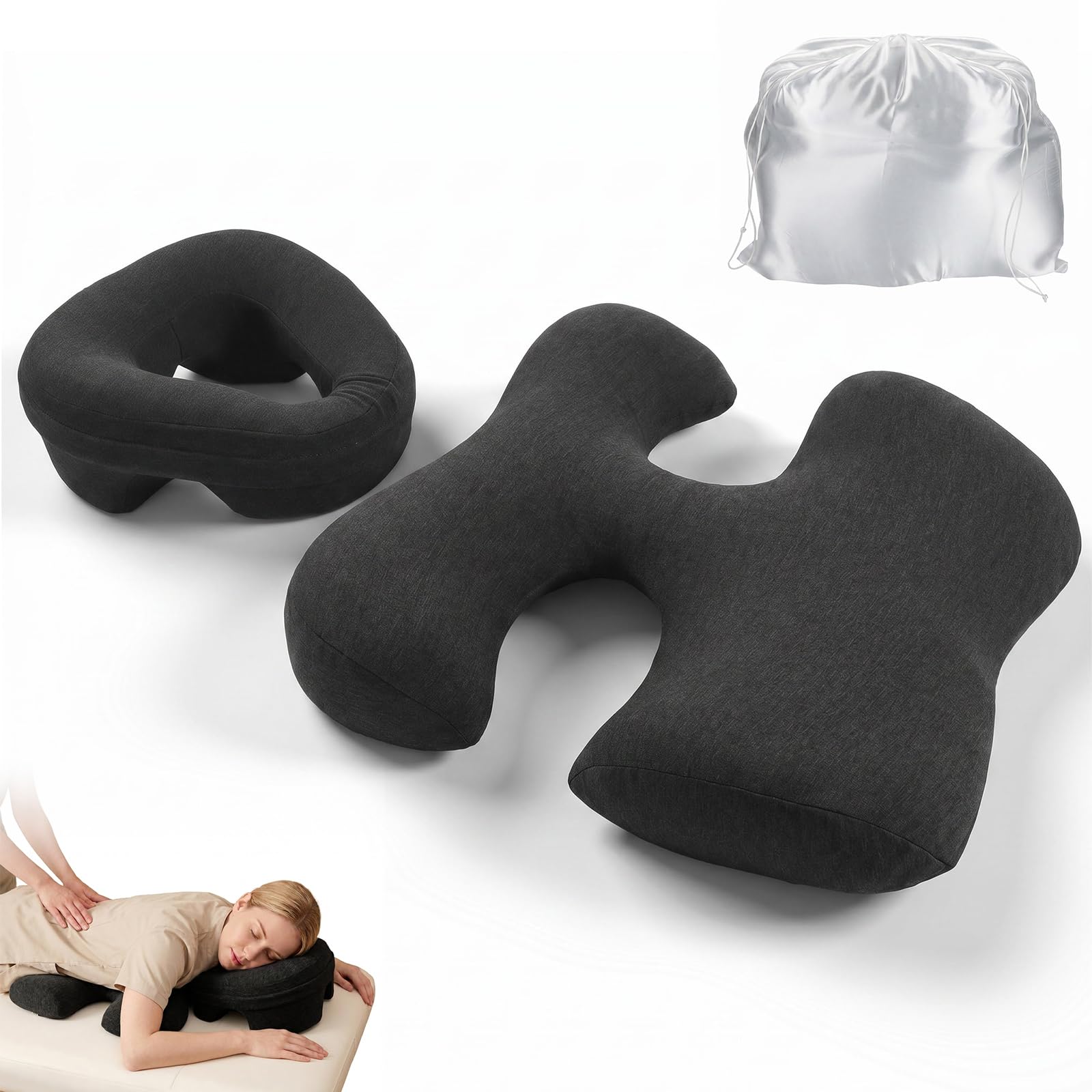 Massage Kopfstütze für Bett mit Brust & Bauchkissen – Memory-Schaum Set, Ergonomisch für Frauen, Atmungsaktiv & Waschbar, inkl. Aufbewahrungstasche, für SPA, Salon & Zuhause | Massage Brustkissen & Gesichtskissen Set