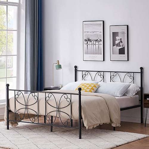 VECELO Base de cama clásica de plataforma de metal tamaño Queen con cabecero y estribo y soporte de 12 listones de acero fuertes, no necesita