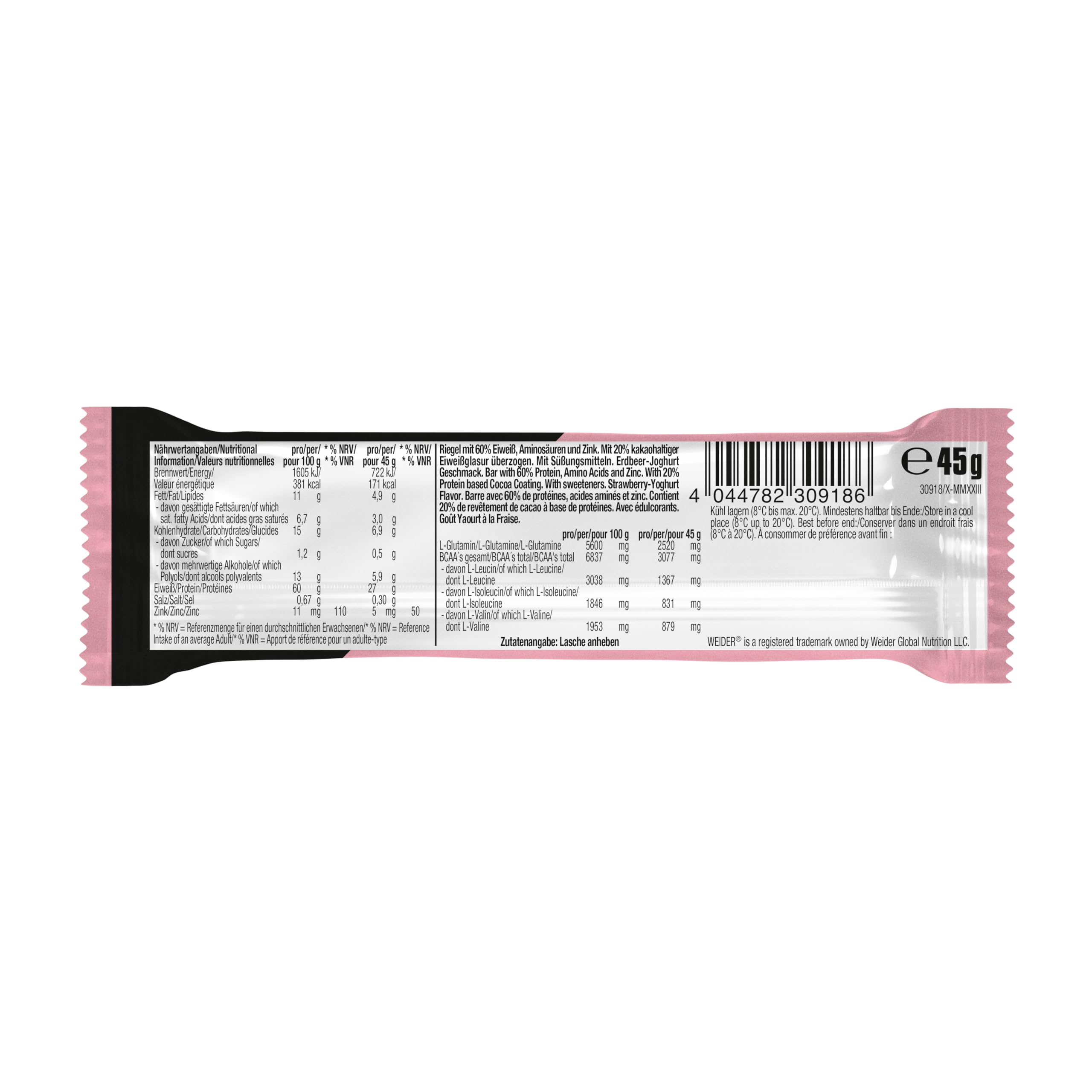 Weider 24 barrette proteiche al 60% ad alto contenuto proteico con 27 g di proteine, poco zucchero, BCAA e zinco, ideali per la crescita muscolare, fragola