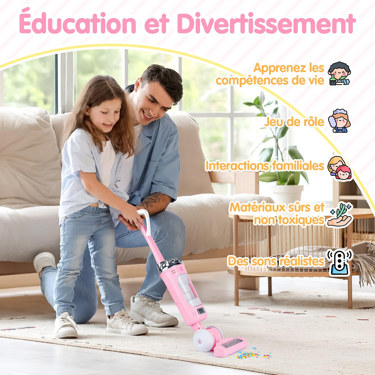 PLAY 2 en 1 Aspirateur Enfant Jouet Set avec des Particules EVA, des Effets d'aspiration et Sonores, Kit Menage pour Enfants 3+ Ans (Rose)