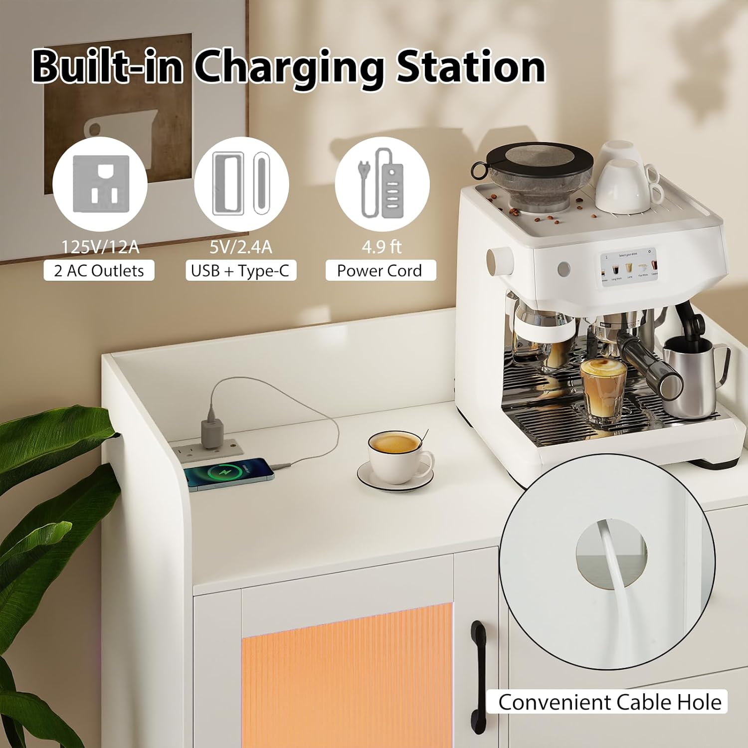 LOKO LED Buffet Sideboard with Charging Station, Modern Kitchen Storage Cabinet with Translucent Fluted Door, Coffee Bar Cabinet for Living Room, Dining Room, White