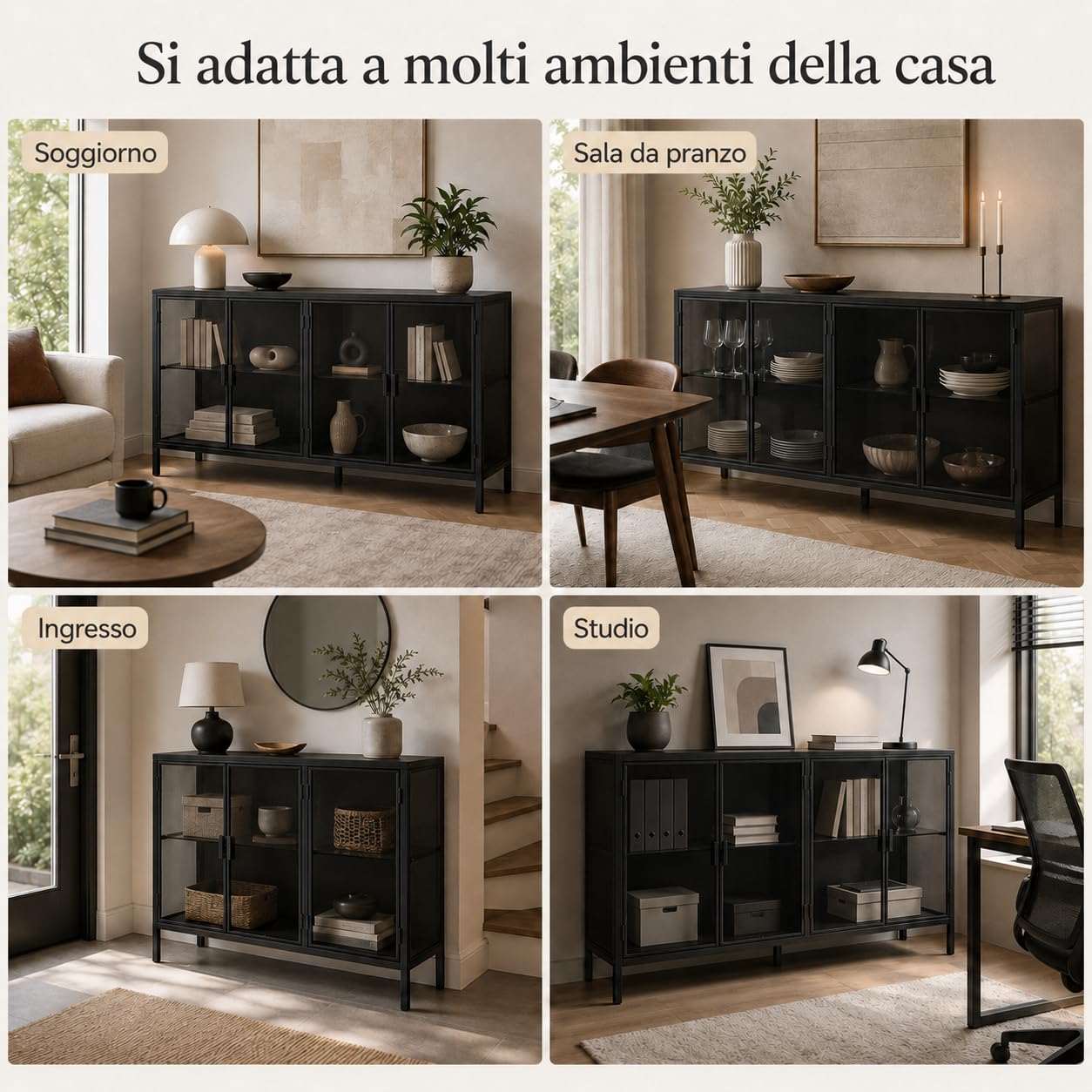 Vetrina nera 40 x 140 x 75 cm con telaio in ferro, 2 ante in vetro, armadio in vetro con strisce luminose a 3 colori, moderna vetrina in vetro per soggiorno