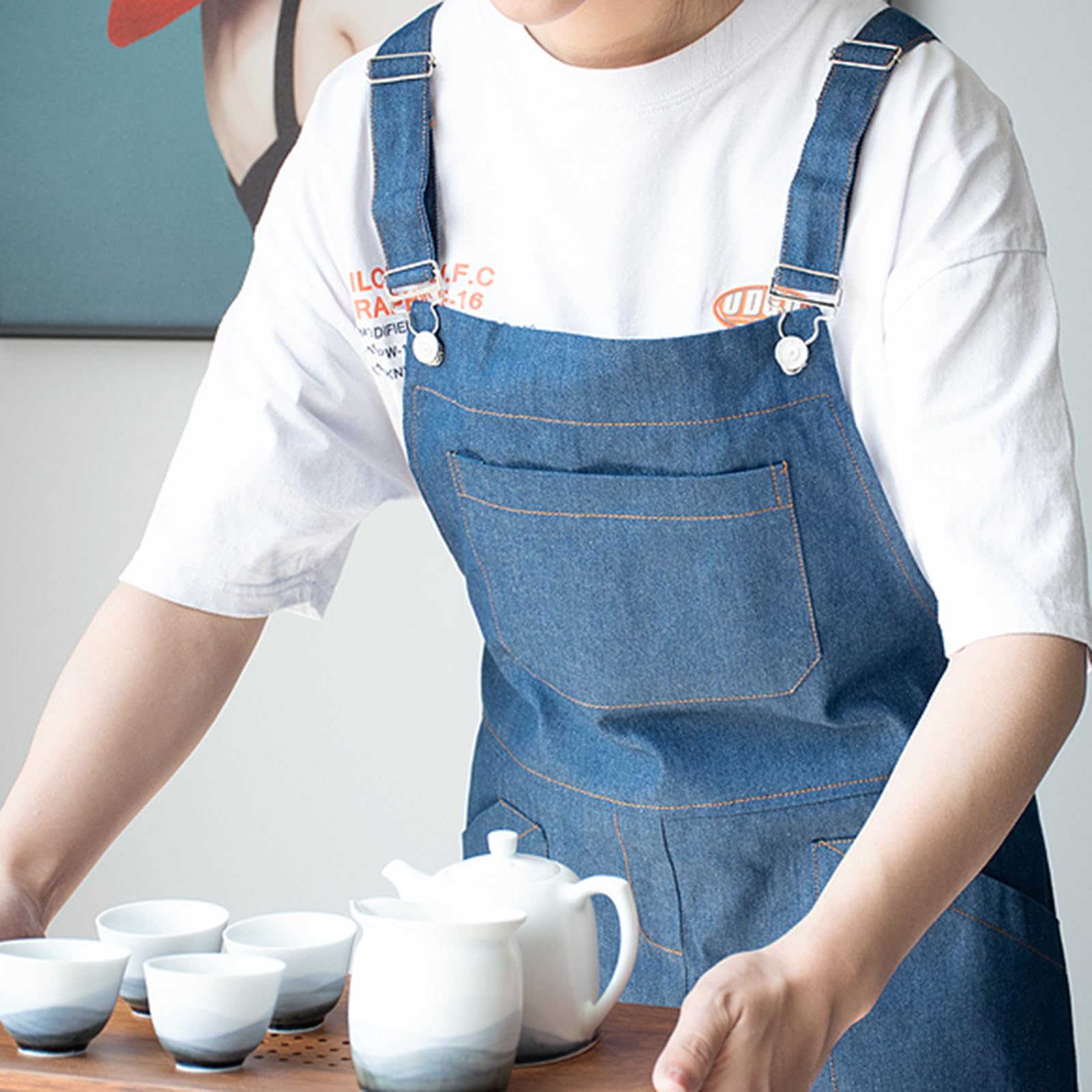 Delantales para Hombre y Mujer con Bolsillos, Delantal de Cocina Ajustable, Delantal Vaquero para Barbacoa, Cocina, jardinería, M, Azul