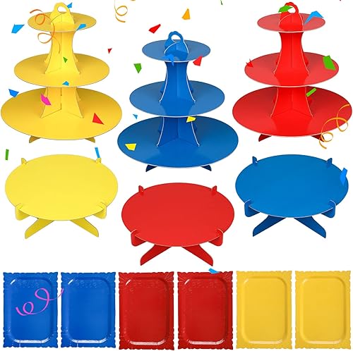 Juego de 12 soportes para cupcakes de cartón colorido de 3 niveles para mesa de postre, soporte redondo para cupcakes de 1 nivel, bandeja