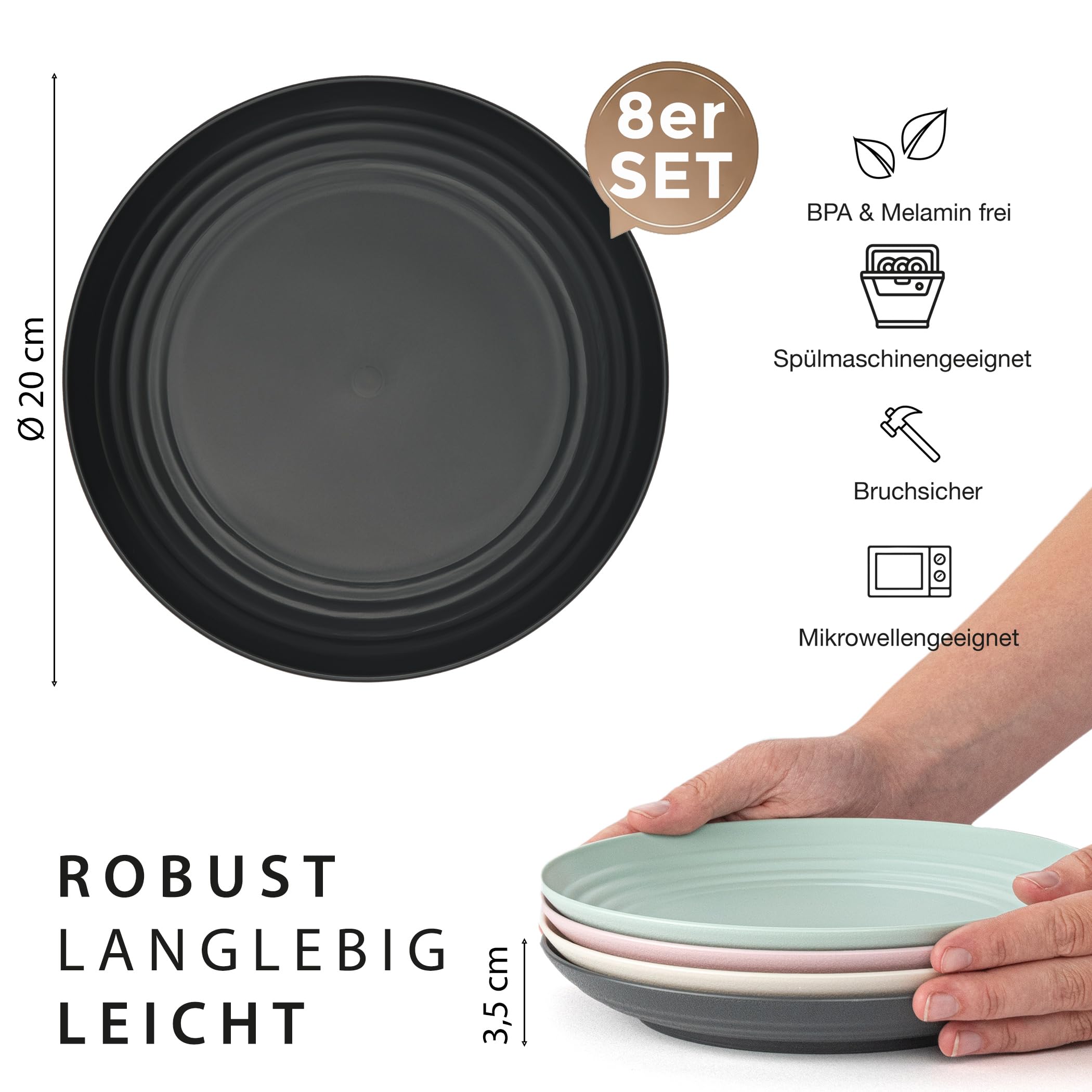 Hausfelder Teller Set 8x ø20 cm, Kunststoff, 4-farbig | 8 unzerbrechliche Mehrwegteller aus Kunststoff, ø 20 cm, in 4 Farben, wiederverwendbar
