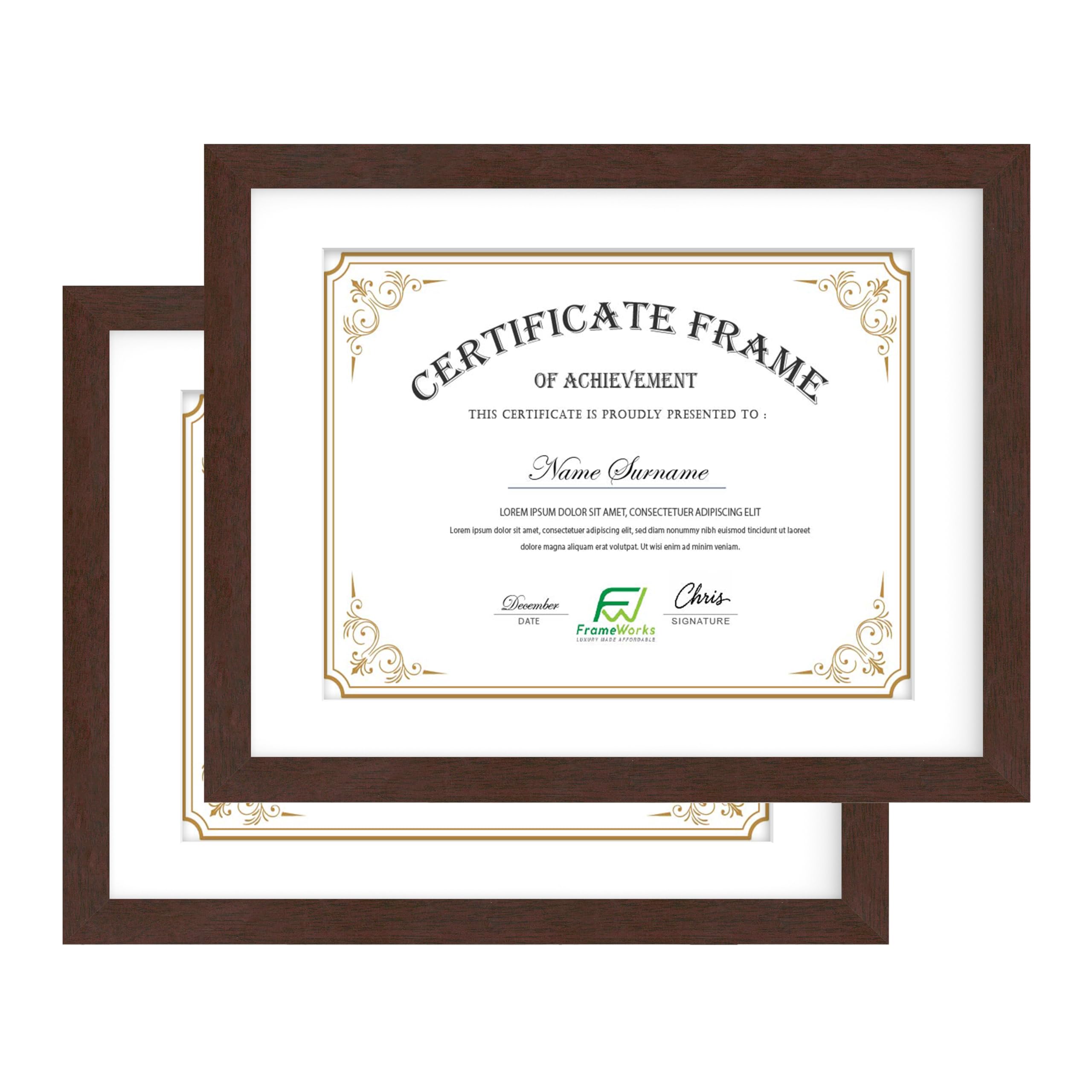 FrameWorks 11x14 mat to 8.5x11 Classic Wooden Document Frames Tempered Glass/Mahogany / 2-Pack
