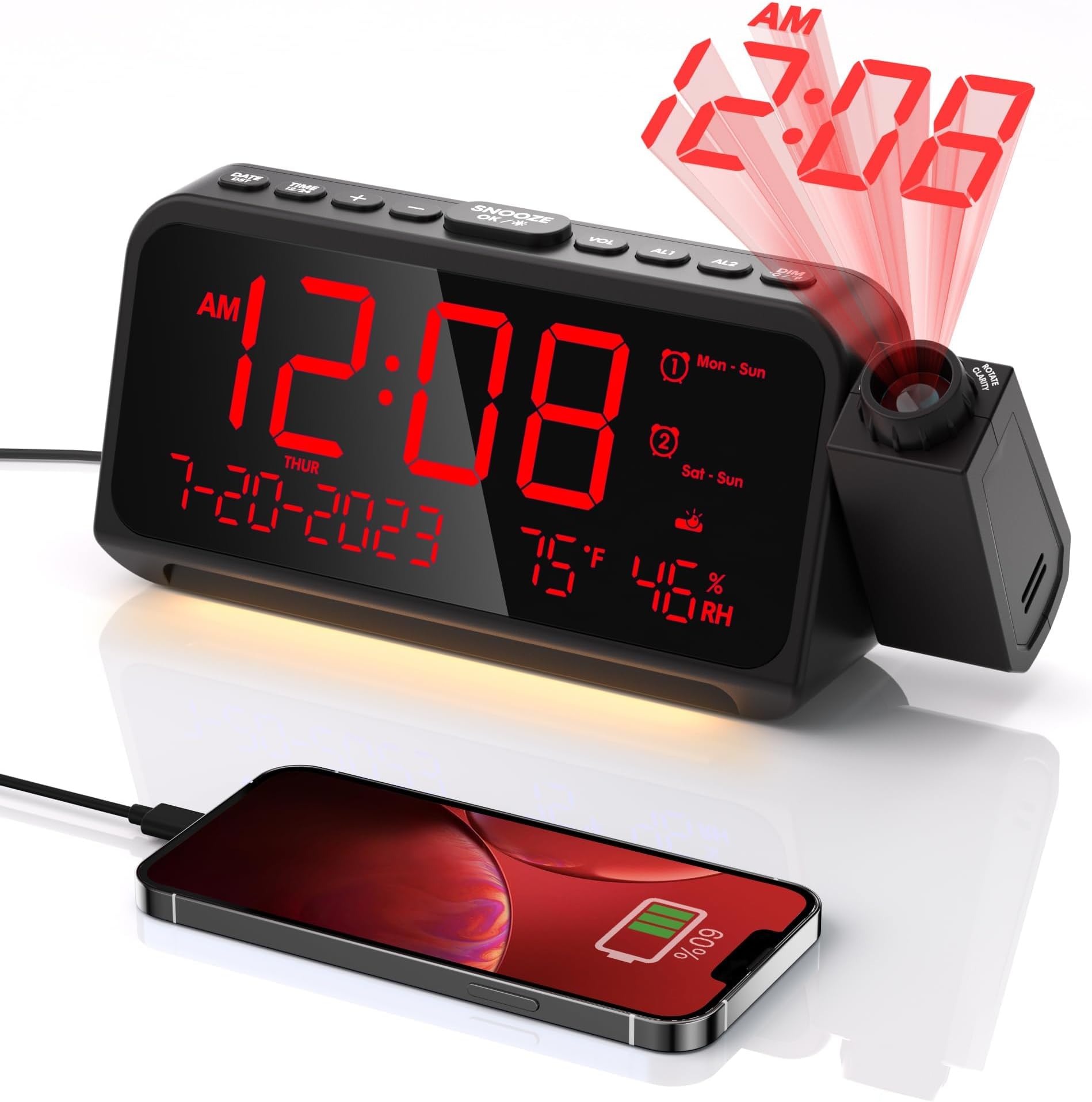 Projection Alarm Clock for Bedroom with Weekday/Weekend Mode,Digital Clock with 350° Projector,5-Level Dimmer,Adjustable Volume,Temperature & Humidity Monitor,Calendar,Snooze,12/24H,DST,Battery Backup