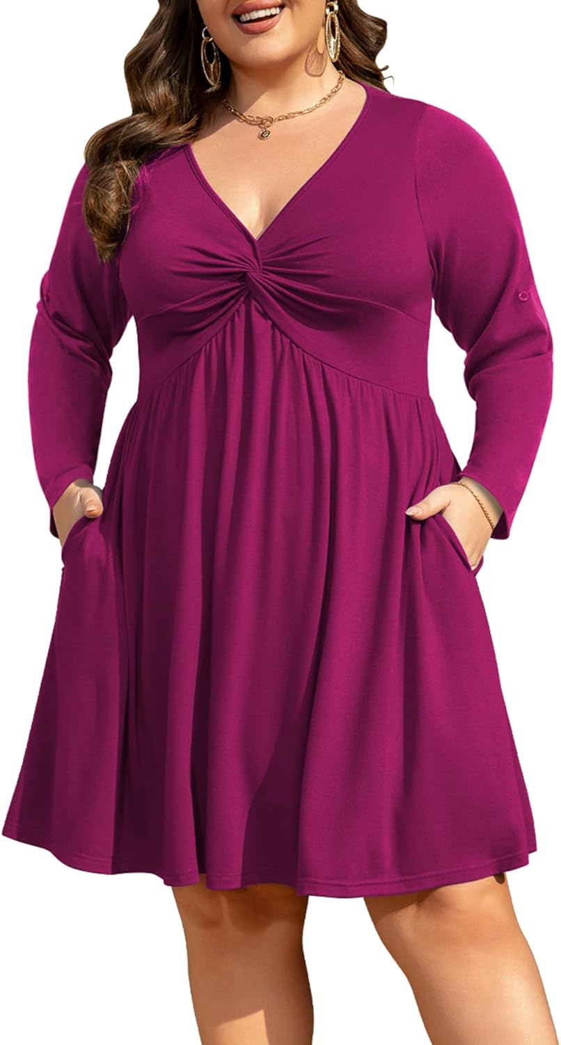 Womens Plus Size Dress Roll up Long Sleeve Casual Deep V Neck Twist Knot Front Flow...