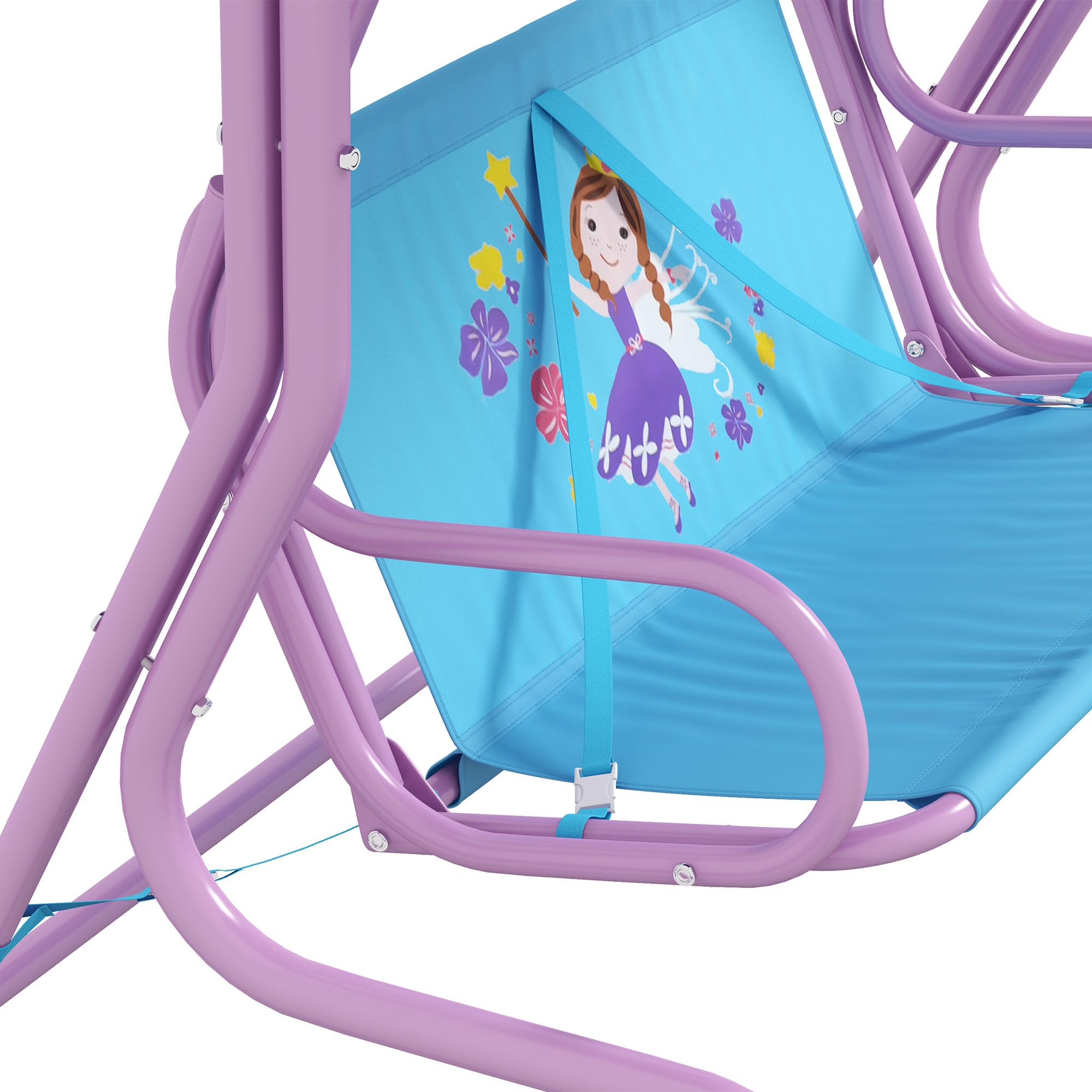 Outsunny Balançoire 2 places pour enfants avec auvent réglable, banc de jardin double sur le thème des fées avec ceintures de sécurité pour patio, parc, porche, pour enfants de 3 à 6 ans, couleur