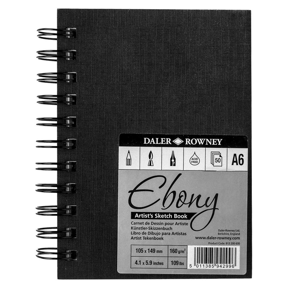 Daler Rowney : Ebony Hardback Spiral Sketchbook : Portrait : 160gsm : 50 Sheets : A6