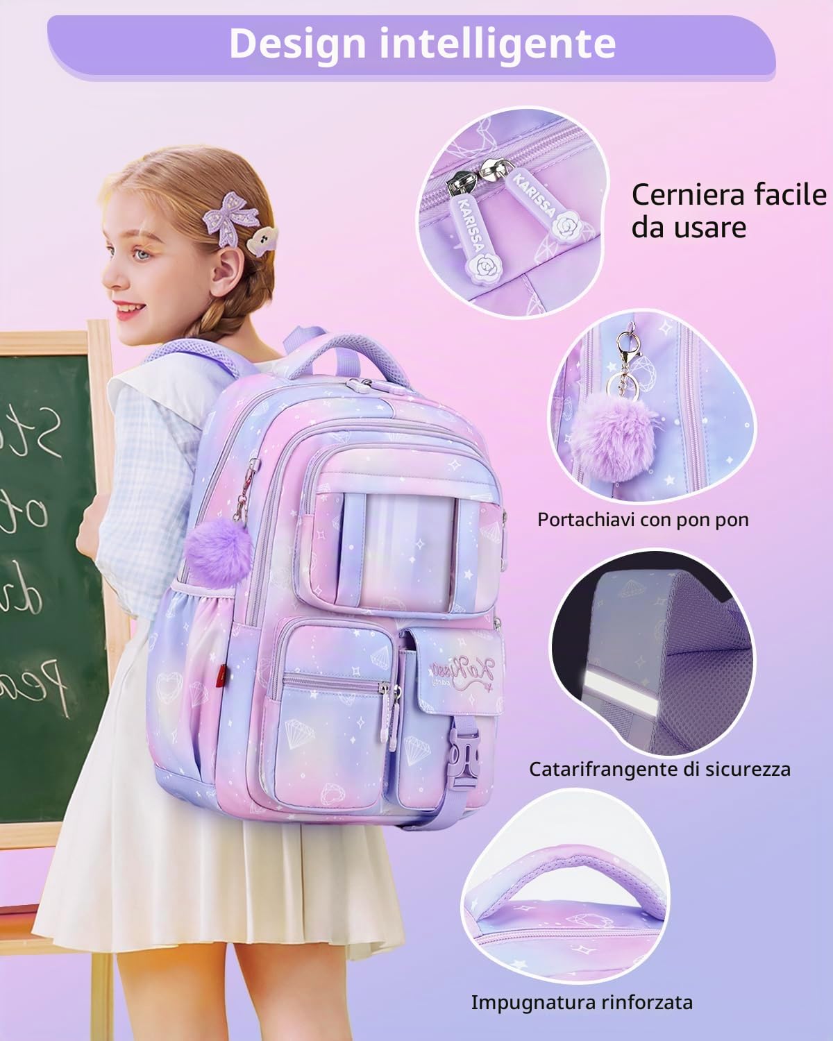 Tanou Zaino Bambina Elementari Zaino per Ragazze, Traspirante Cartella Scuola Elementare Bambina di 7-12 anni, Impermeabile Nylon Grande Zaini Bambini per la Scuola, Viola