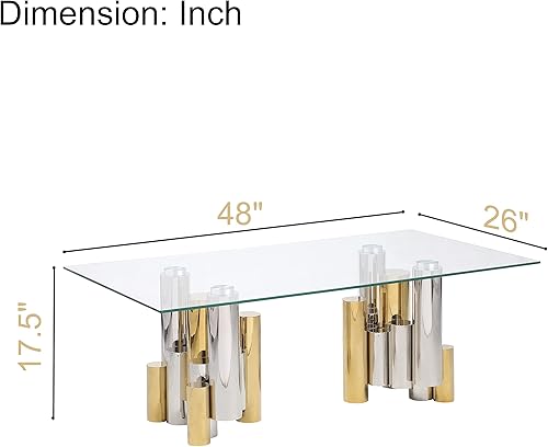 Miniatura 2 de SSLine Mesa de centro de cristal transparente con base de acero inoxidable irregular dorada y plateada, mesa de centro rectangular de lujo para sala