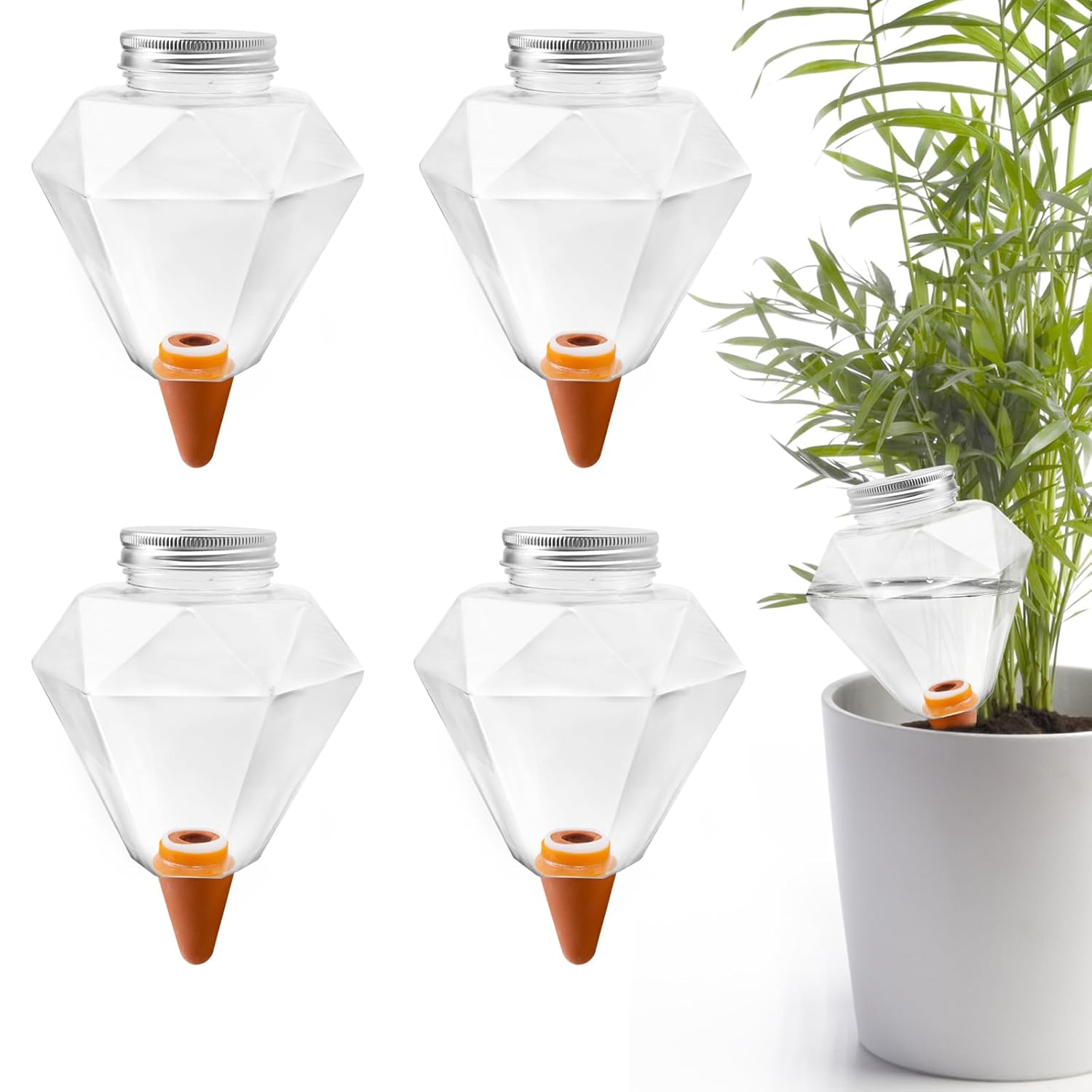 Watering Globes XL- 4 Pcs Diamond Plastic Shape Plant Watering Globes Self Watering Planter Insert 17oz Large for Indoor＆Outdoor Plants Watering Bulbs