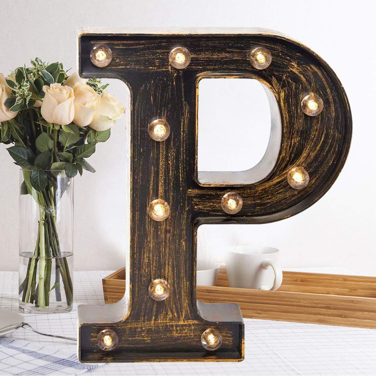 OycbuzoGolden Black Led Marquee Letter - Industrial, Vintage Style Light Up Alphabet Letter Sign for Cafe Wedding Birthday Party Christmas Lamp Home Bar Initials Decor - P