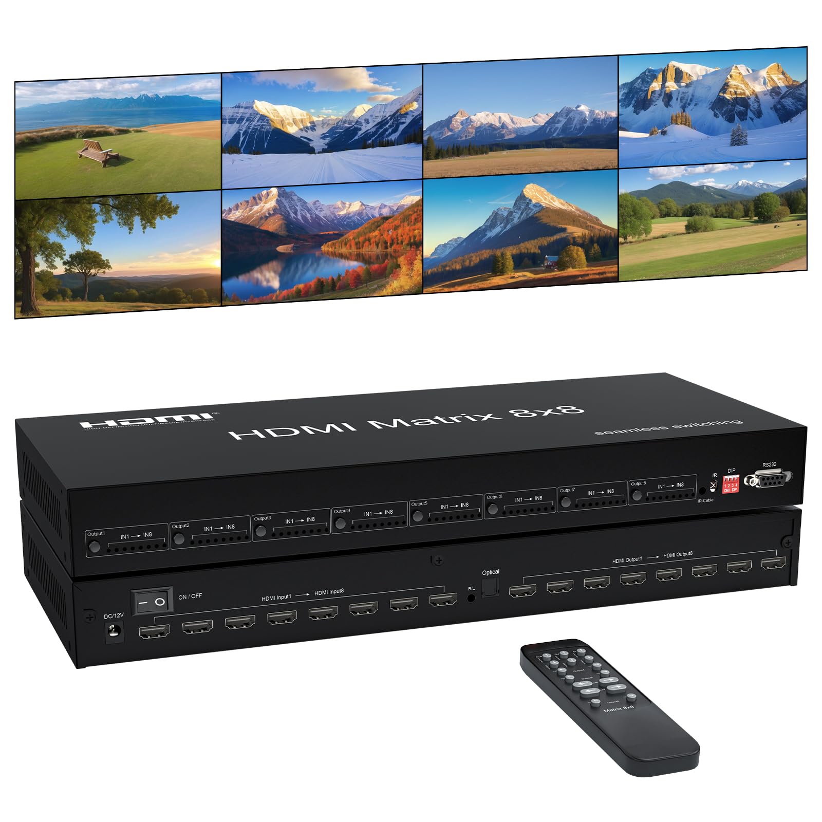 ICUIXIAN 8x8 Seamless HDMI Matrix Switch 2K60Hz con Control Remoto RS232, Matriz HDMI 8x8 con Salida de Audio, Compatible con EDID Dip, conmutación sin interrupciones, 3D, DTS-HD/Dolby TrueHD