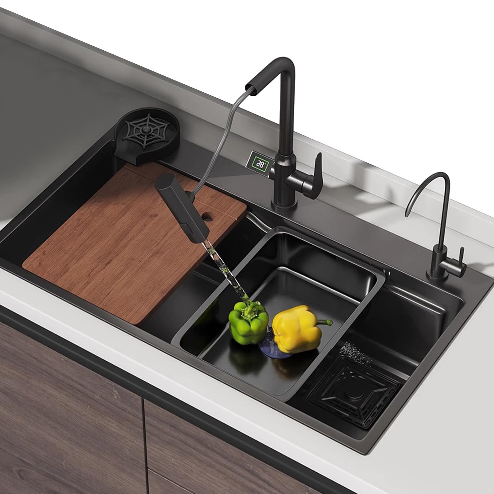YADZISW Stainless Steel Black Kitchen Sink with Digital Waterfall Faucet Single Bowl Under Counter Installation Complete Accessories (Size: 68x45x22cm)