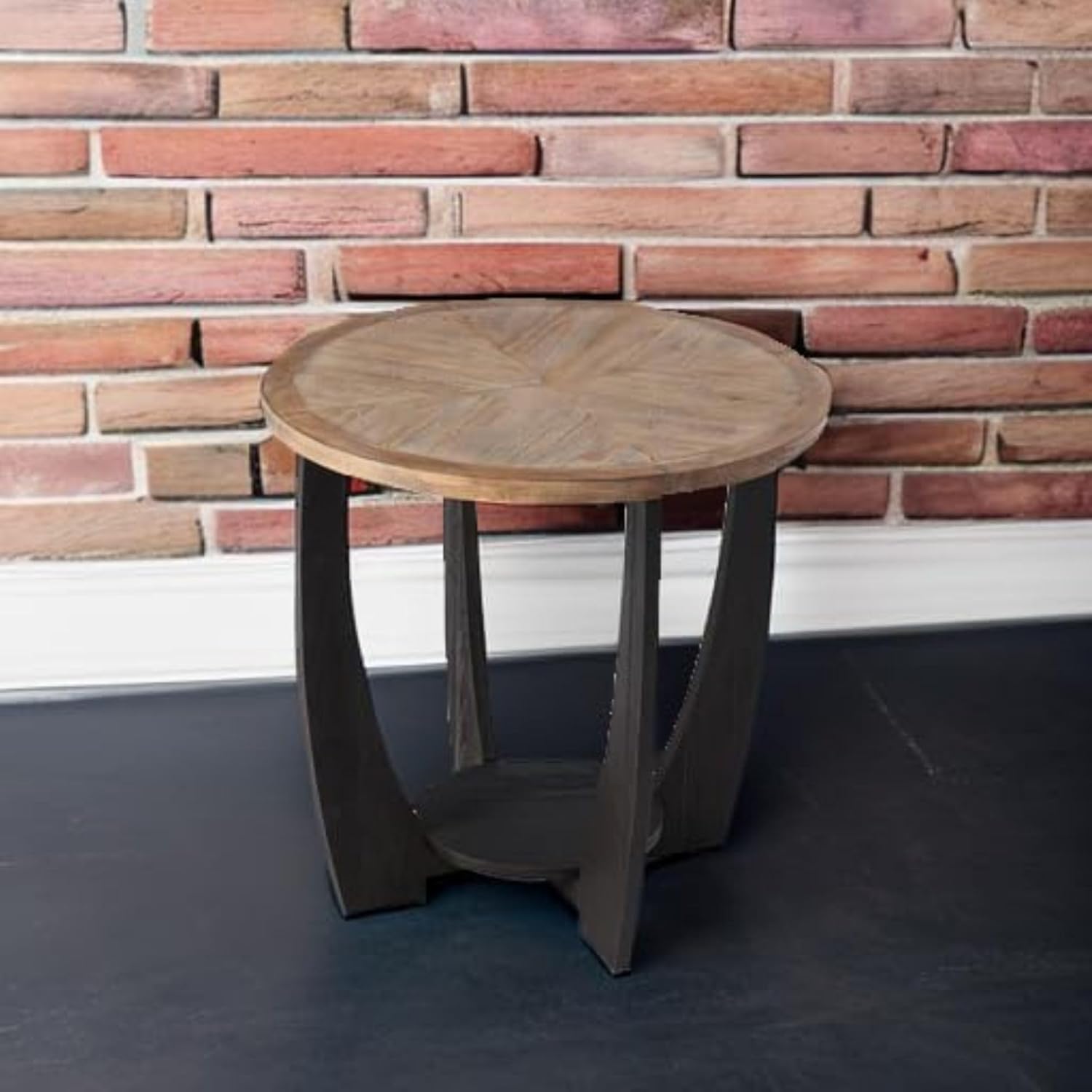 COZAYH Rustic Farmhouse End Table with Storage Shelf, French Country Modern Round Accent Side Table for Small Spaces, Wood Top & Black Base