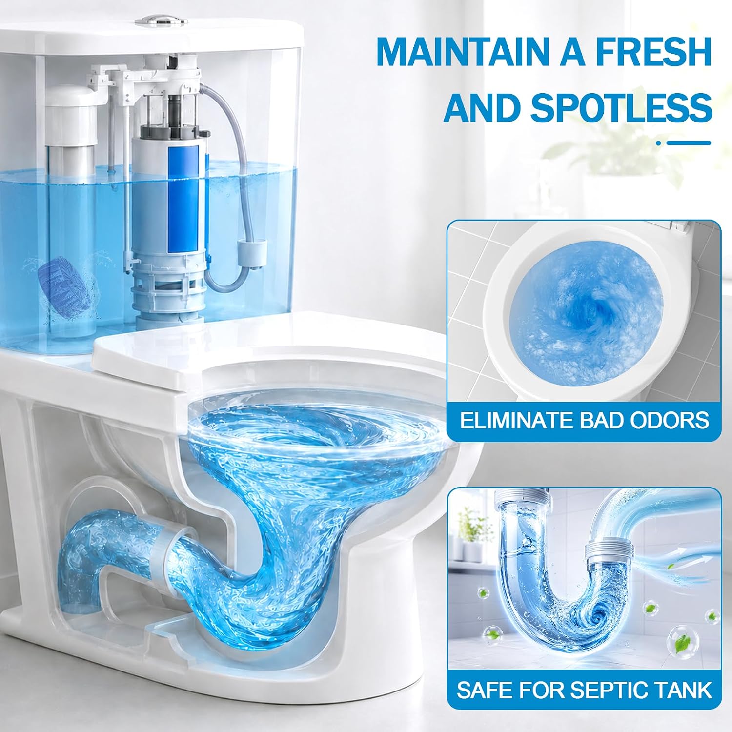 100 Pack Toilet Bowl Cleaner Tablets, Blue Toilet Tank Cleaners Tablets, Hard Water Stain Remove, Long-Lasting Bathroom Automatic Toilet Cleaning & Deodorizer, Fresh Scent image 4