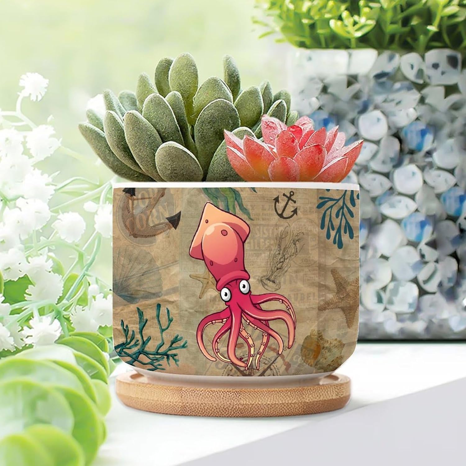 Set of 3 Small Ceramic Planters for Indoor Retro Ocean Animal Squid Succulent Planters Beach House Decor Ceramic Planters for Indoor Plants with Drainage Bamboo Trays