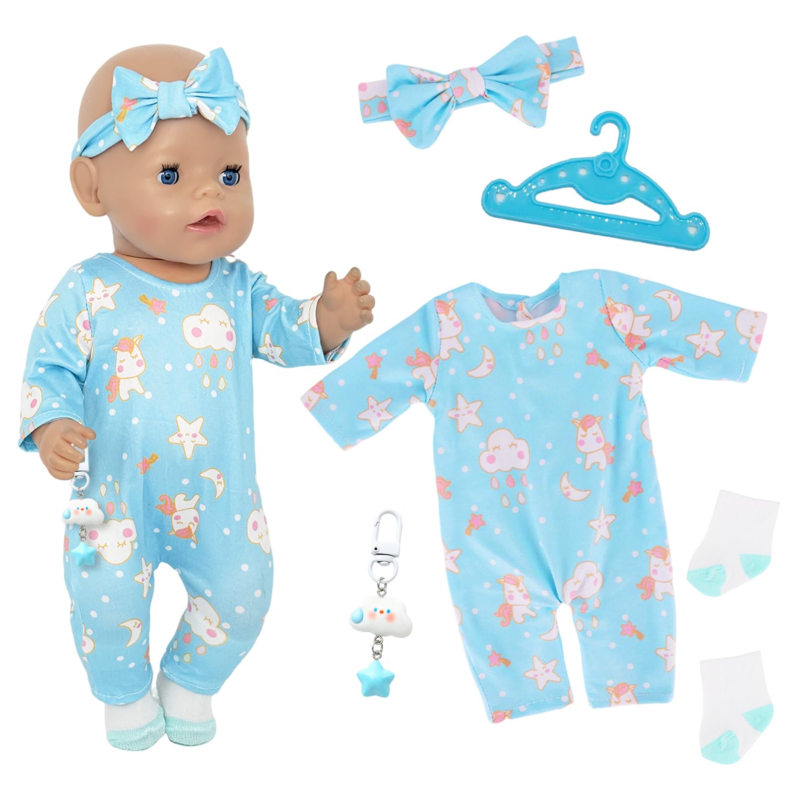 5 Pcs Blue Dolls Clothes for 12-18 Inch Baby Dolls, Cloud Theme 30-45cm Newborn Baby Doll Clothes with Onesie Hairband Socks Hanger Cloud Pendant, Sweet Baby Doll Accessories for Kids Birthday