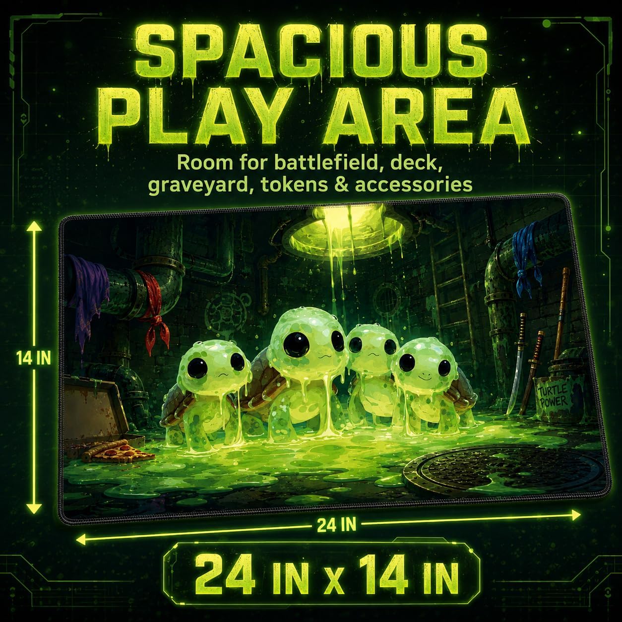 24"x14" MTG Playmat Bundle with Fluorescent Green Sci-Fi Storage Tube, Mini Dice Tube & 7 Polyhedral Dice - Non-Slip Rubber TCG Mat (Ooze Mutants, Mutant Series) image 3