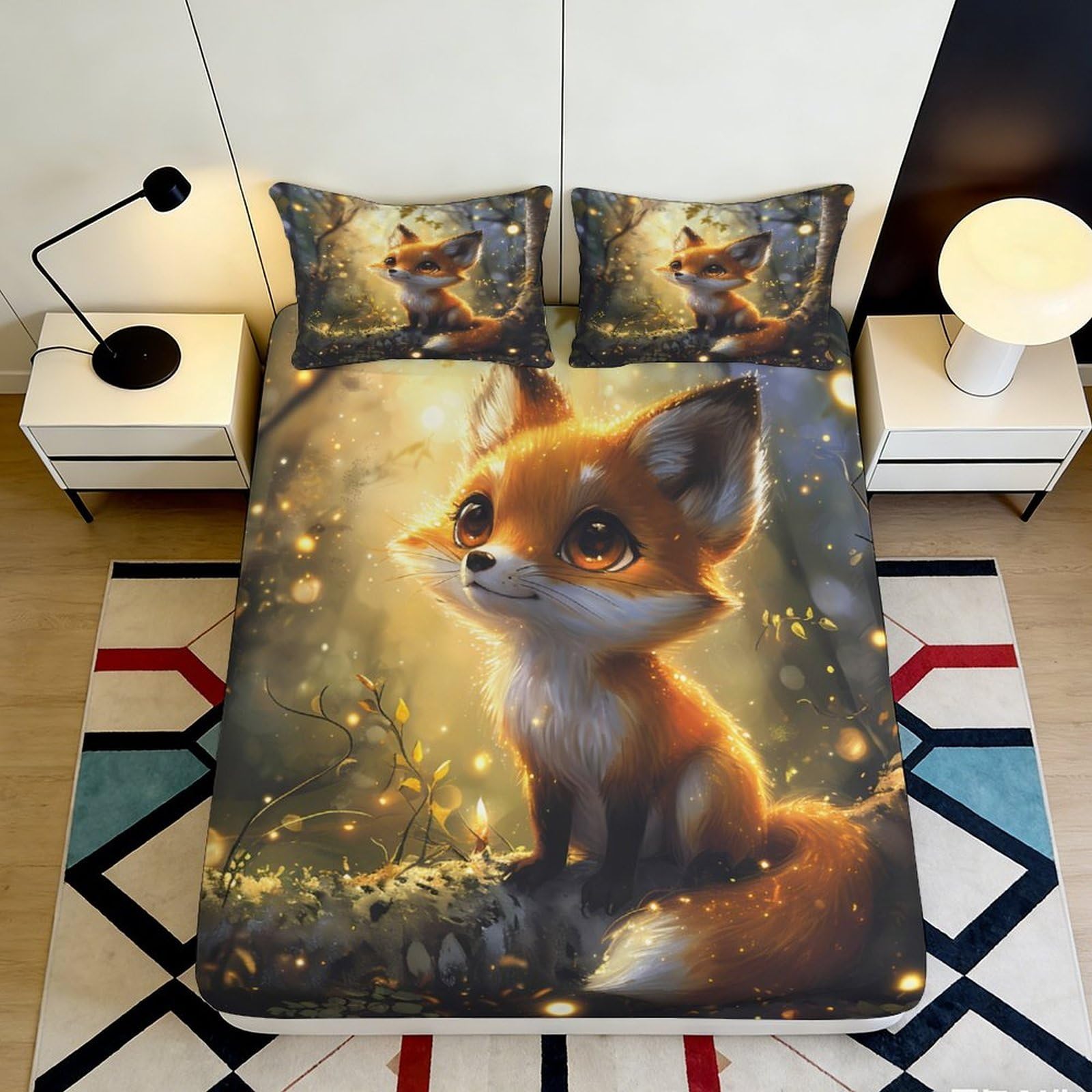 Jqzkxnhpbr Style-2 3D Printed Cute Fox Fitted Sheet Microfiber Soft Animal Forest Bed Sheet For Bedroom Guest Room Decor Protection 90X200x25cm