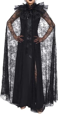 Black Lace Cape Gothic Cloak Witch Halloween Costume Cosplay Capelet Long Robe for Women