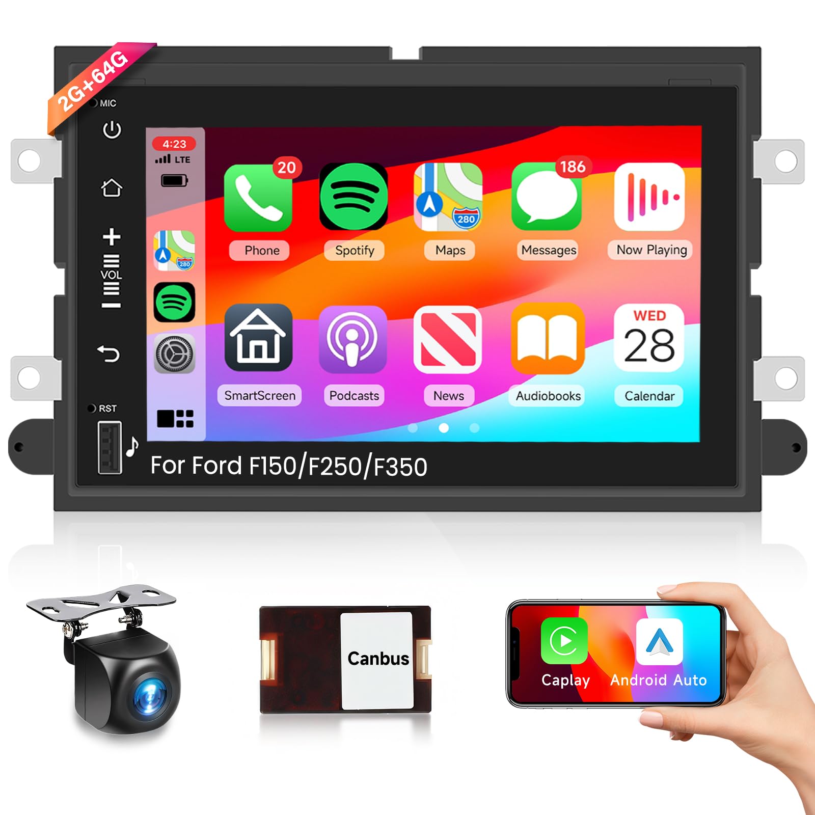 2G 64G Radio for Ford F150 F250 F350 E250 E350 Fusion Edge Explorer Expedition Car Stereo with Wireless Carplay Android Auto 7inch IPS Touchscreen/1280P Backup Camera/WiFi/FM RDS/HiFi/GPS/Bluetooth