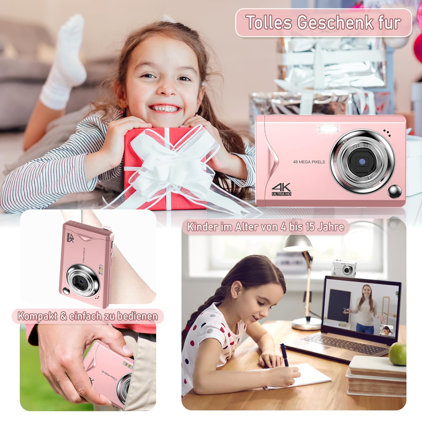 Fotocamera digitale, fotocamera Full HD da 48 MP, 1080P, scheda TF da 32 GB, schermo da 3,0 pollici, fotocamera portatile compatta con zoom digitale 16x, registrazione video 4K Ultra HD (rosa)