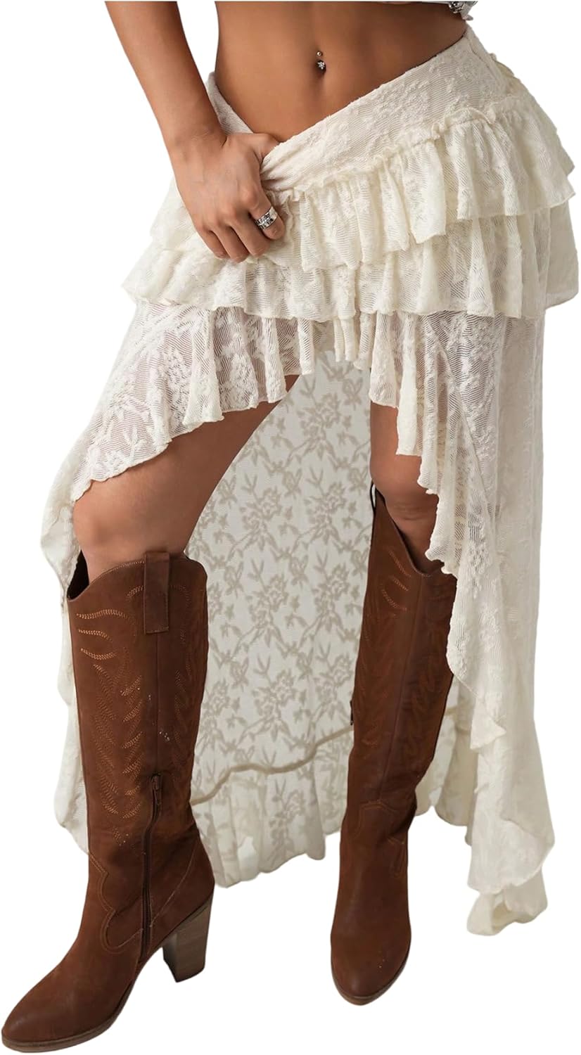SHENHE Women's High Low Lace Skirt Low Rise Layered Ruffle Western Boho Hippie Fairy Long Skirt