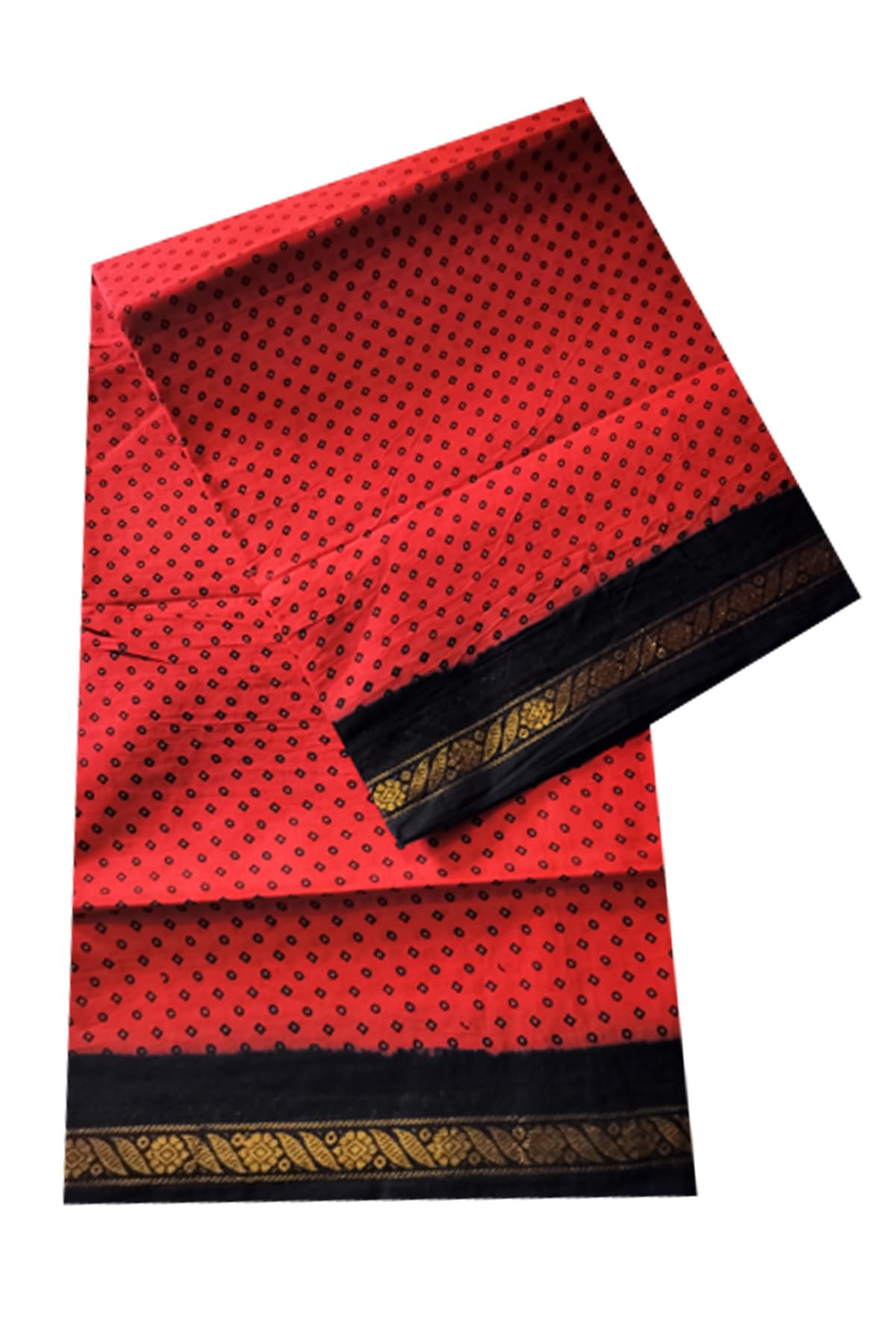 Madurai Pure Sungudi Cotton - 6 Yard Gold Double Side Half Inch Zari Border With Hand Sungudi Design Printed (without Blouse) for Women