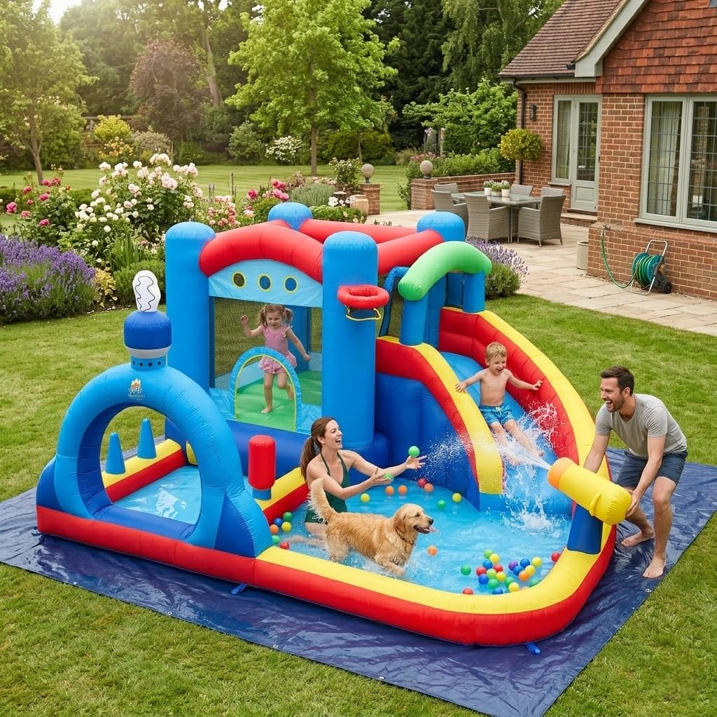 GIANTEX Castello Gonfiabile 8 in 1 per Bambini dai 3 ai 12 Anni, Parco Giochi Gonfiabile con Scivolo e Piscina, Canestro Basket, Cannone ad Acqua, Sacco da Boxe, Trampolino (Senza ventilatore)