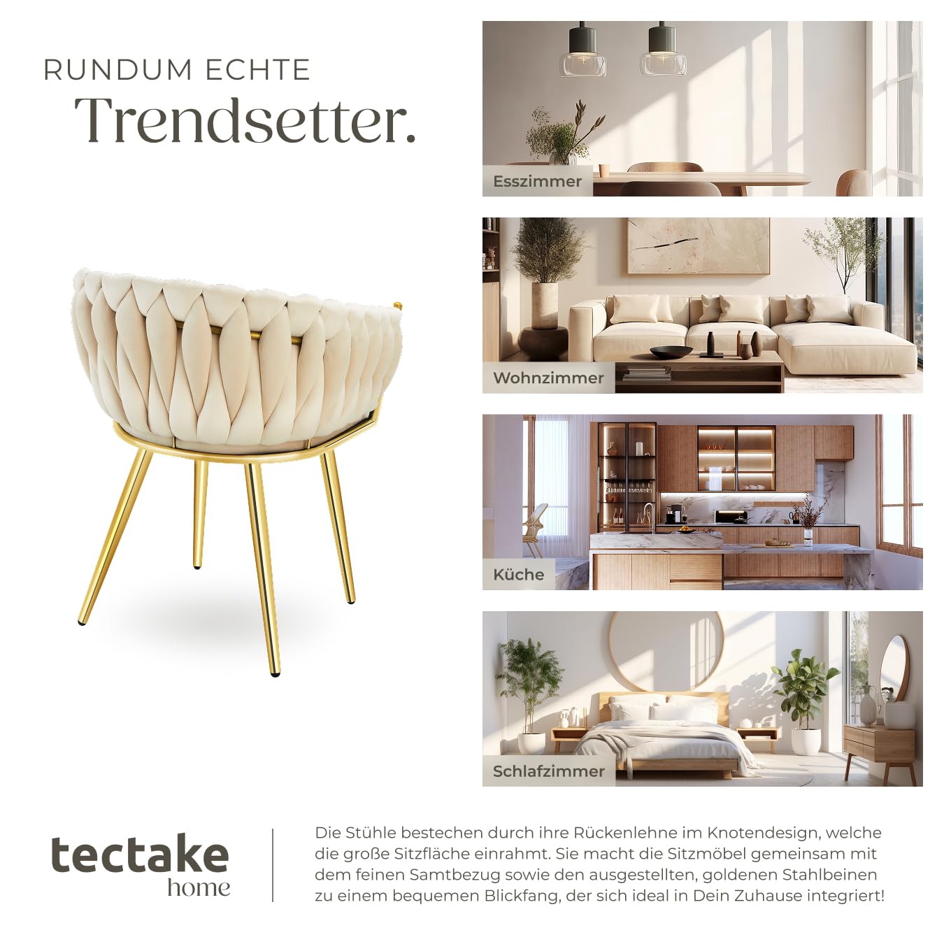 tectake® Samt Stuhl, Schalenstuhl mit Armlehne in Knoten Optik, Esszimmerstühle, Sessel modern für Wohnzimmer, Esszimmer, als Küchenstühle, für Schminktisch, Dining Chair Set - Sand/Gold, 2er Set