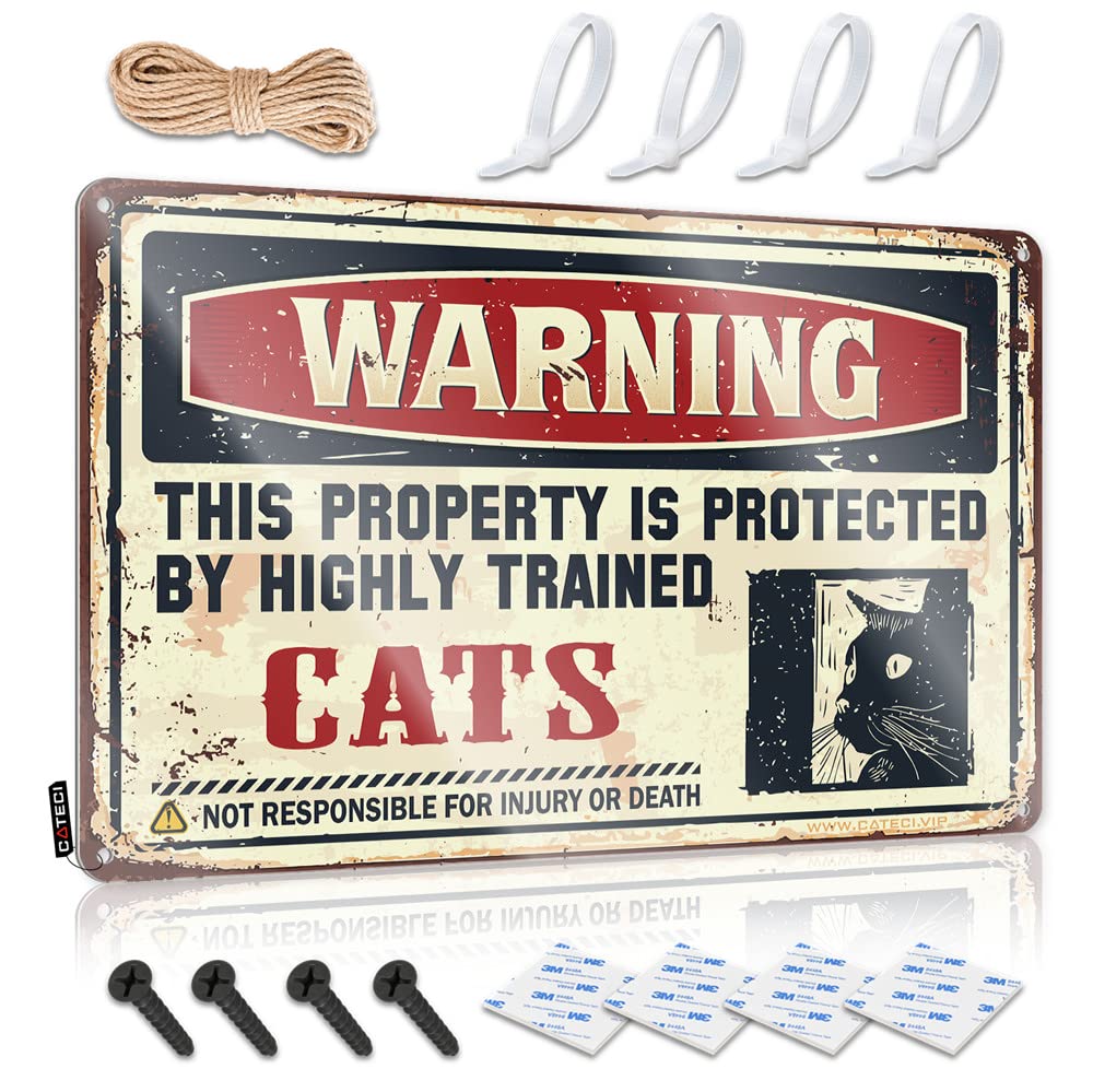 Tin Signs Funny Vintage Warning This Property Is Protected By A Highly Trained Cat Sign Mancave Accessories Men Men Cave Decor(30X40CM)