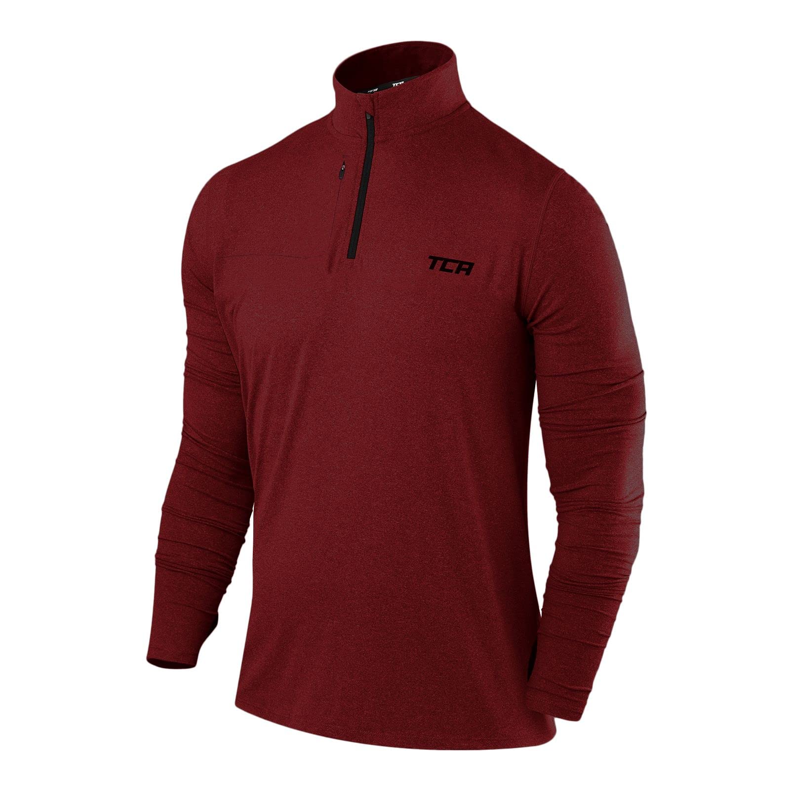 TCA Men's Fusion Pro Quickdry Long Sleeve Half Zip Running Shirt  Athletic Workout Pullover with Pocket & Thumb Holes Small Power Red