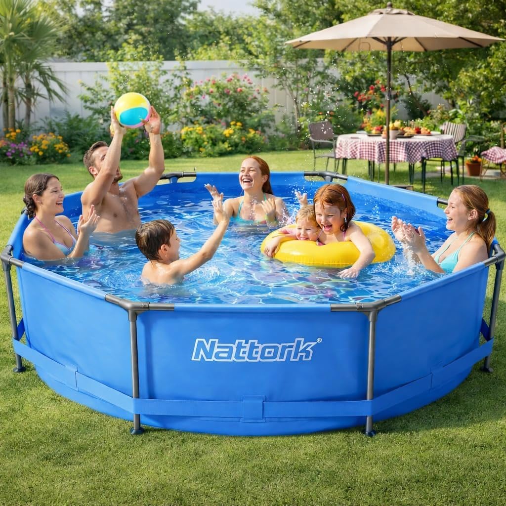 Nattork 10' x 30" Framed Swimming Pools Above Ground Pool, Round Metal Frame Outdoor Swimming Pool Set Easy-Install Upgraded T-Pipe